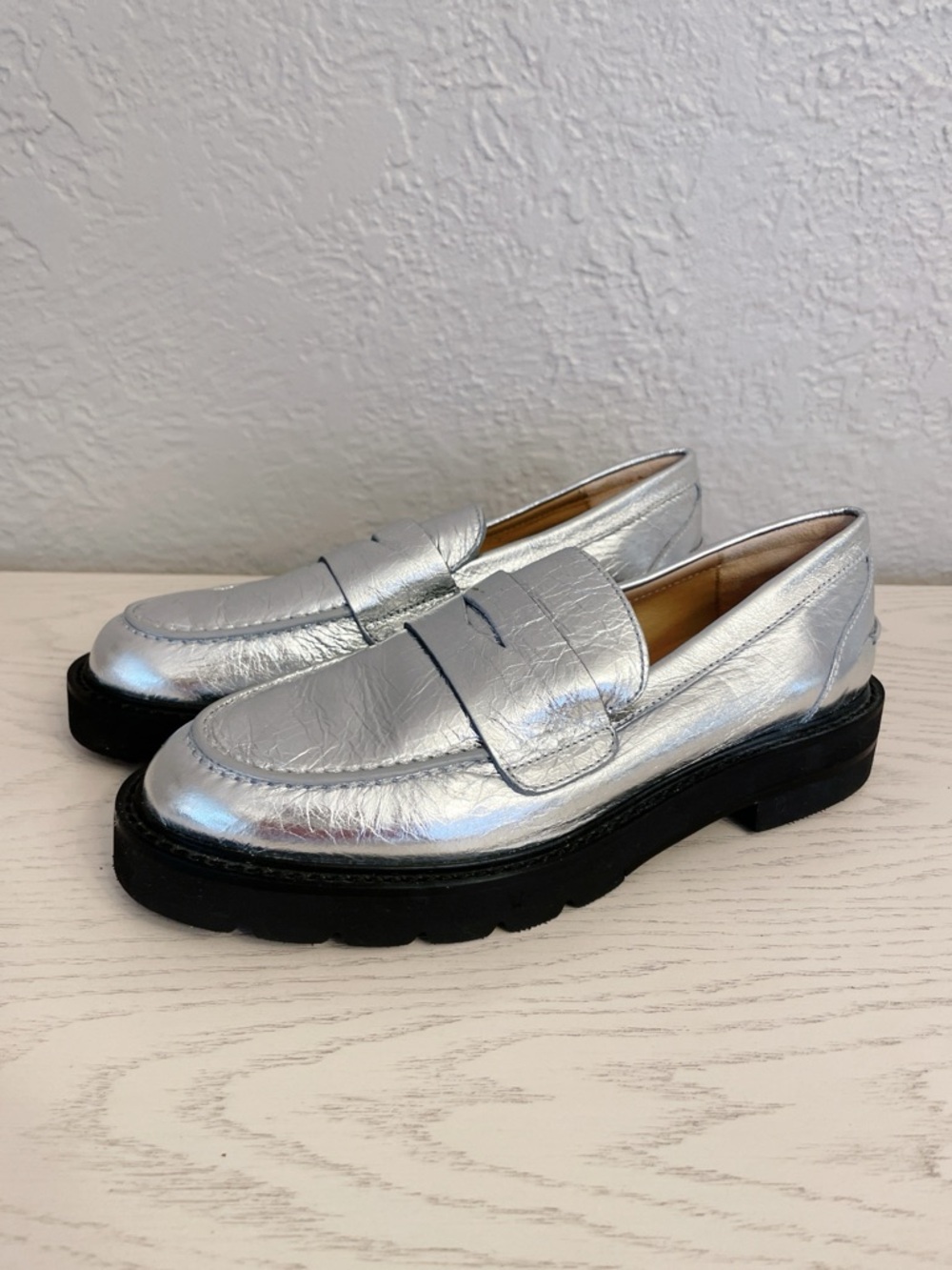 NEW Stuart Weitzman Palmer Silver Metallic Penny Loafer Apron Toe 6M RARE